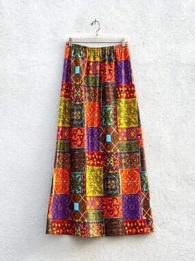Vintage 70s Boho Geometric Psychedelic Print Poly Maxi Skirt Medium